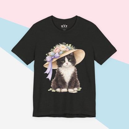 Floral Sun Hat Tuxedo Cat Shirt | Cottagecore Southern Garden Tea Party Graphic Tee