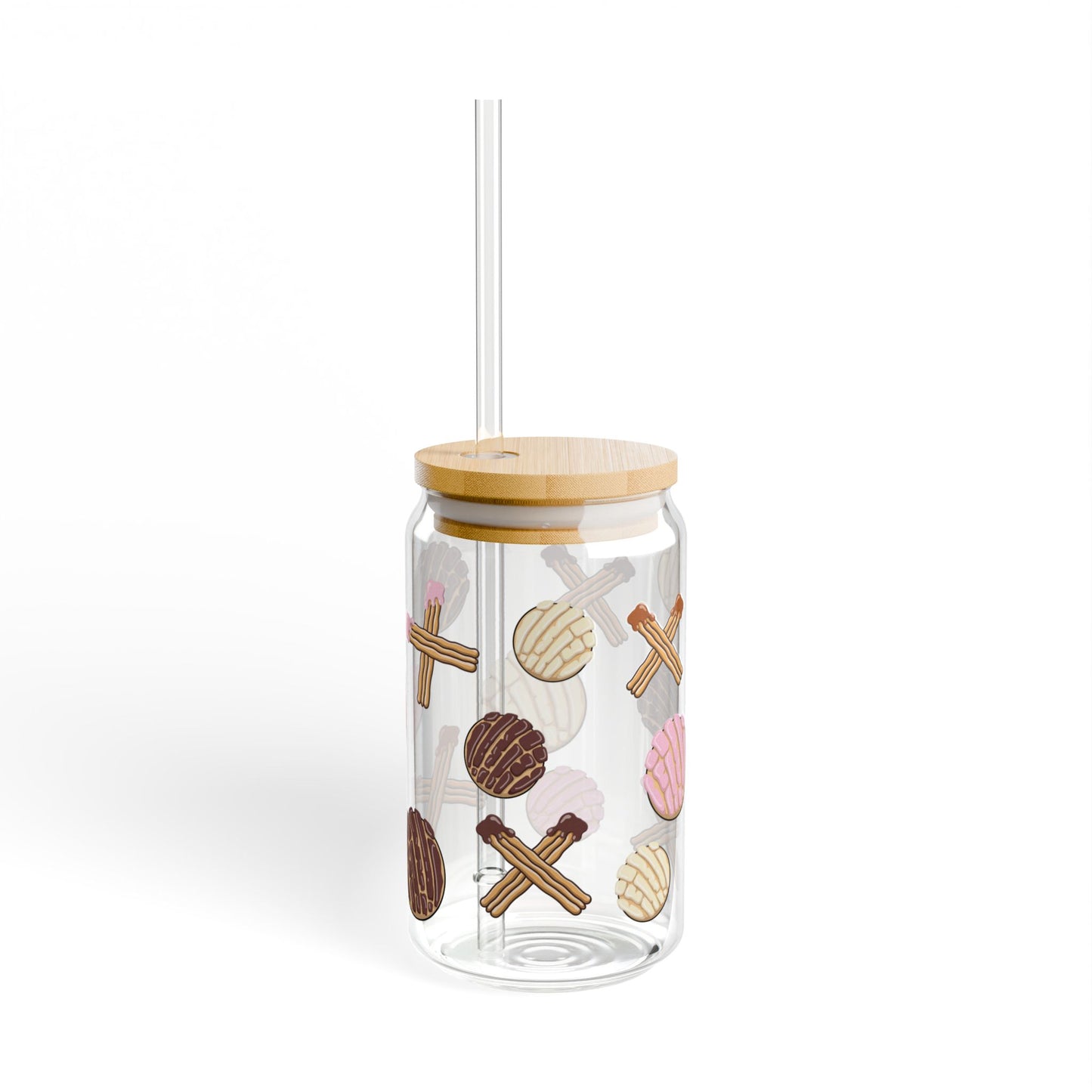 16 oz Glass Cup with Straw and Lid - Conchas and Churros