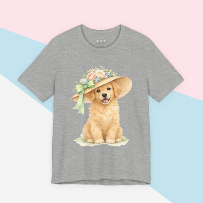 Floral Sun Hat Golden Retriever Dog Shirt | Cottagecore Southern Garden Tea Party Graphic Tee