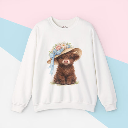 Floral Sun Hat Highland Cow Sweatshirt | Cottagecore Southern Garden Tea Party Graphic Shirt