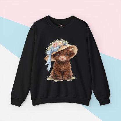 Floral Sun Hat Highland Cow Sweatshirt | Cottagecore Southern Garden Tea Party Graphic Shirt
