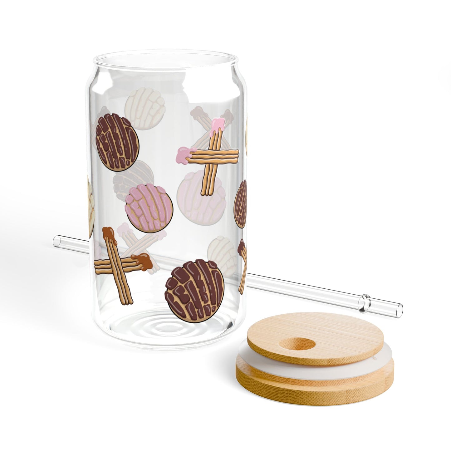 16 oz Glass Cup with Straw and Lid - Conchas and Churros