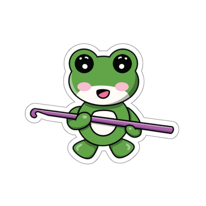 Kiss-Cut Stickers - Cute Green Frog Holding a Crochet Hook