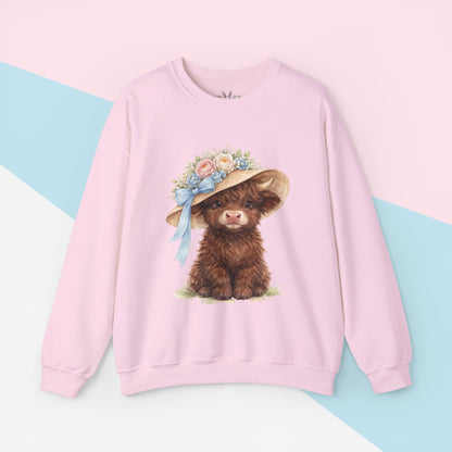 Floral Sun Hat Highland Cow Sweatshirt | Cottagecore Southern Garden Tea Party Graphic Shirt