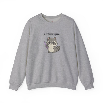 Require Yarn Sweatshirt | Cute Raccoon with Crochet Hook Funny Long Sleeve Crewneck Shirt