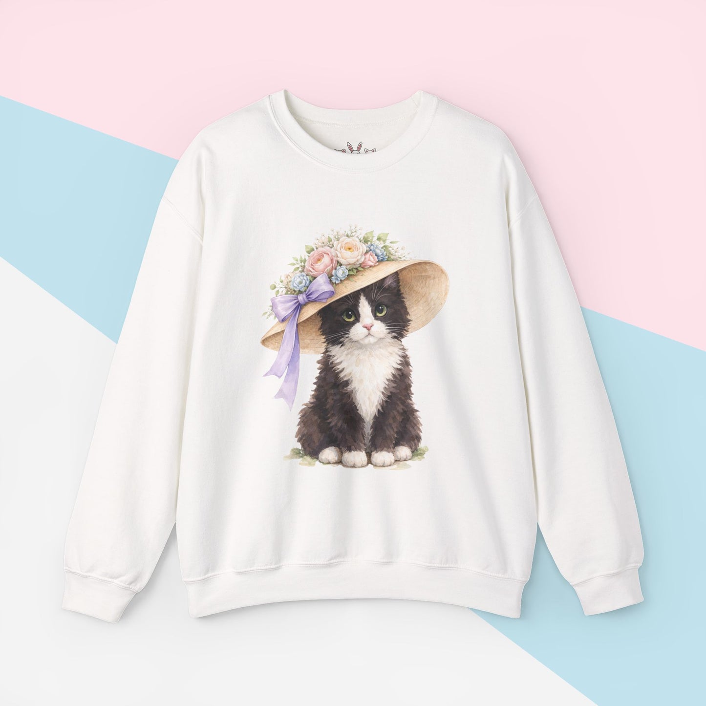 Floral Sun Hat Tuxedo Cat Sweatshirt | Cottagecore Southern Garden Tea Party Graphic Shirt