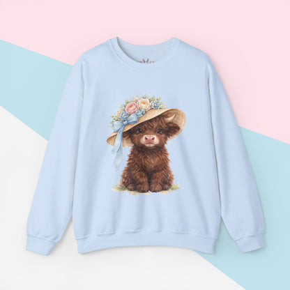 Floral Sun Hat Highland Cow Sweatshirt | Cottagecore Southern Garden Tea Party Graphic Shirt