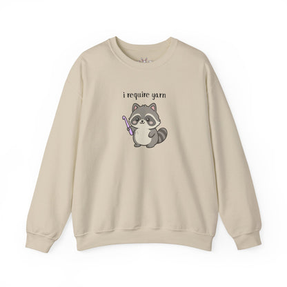 Require Yarn Sweatshirt | Cute Raccoon with Crochet Hook Funny Long Sleeve Crewneck Shirt