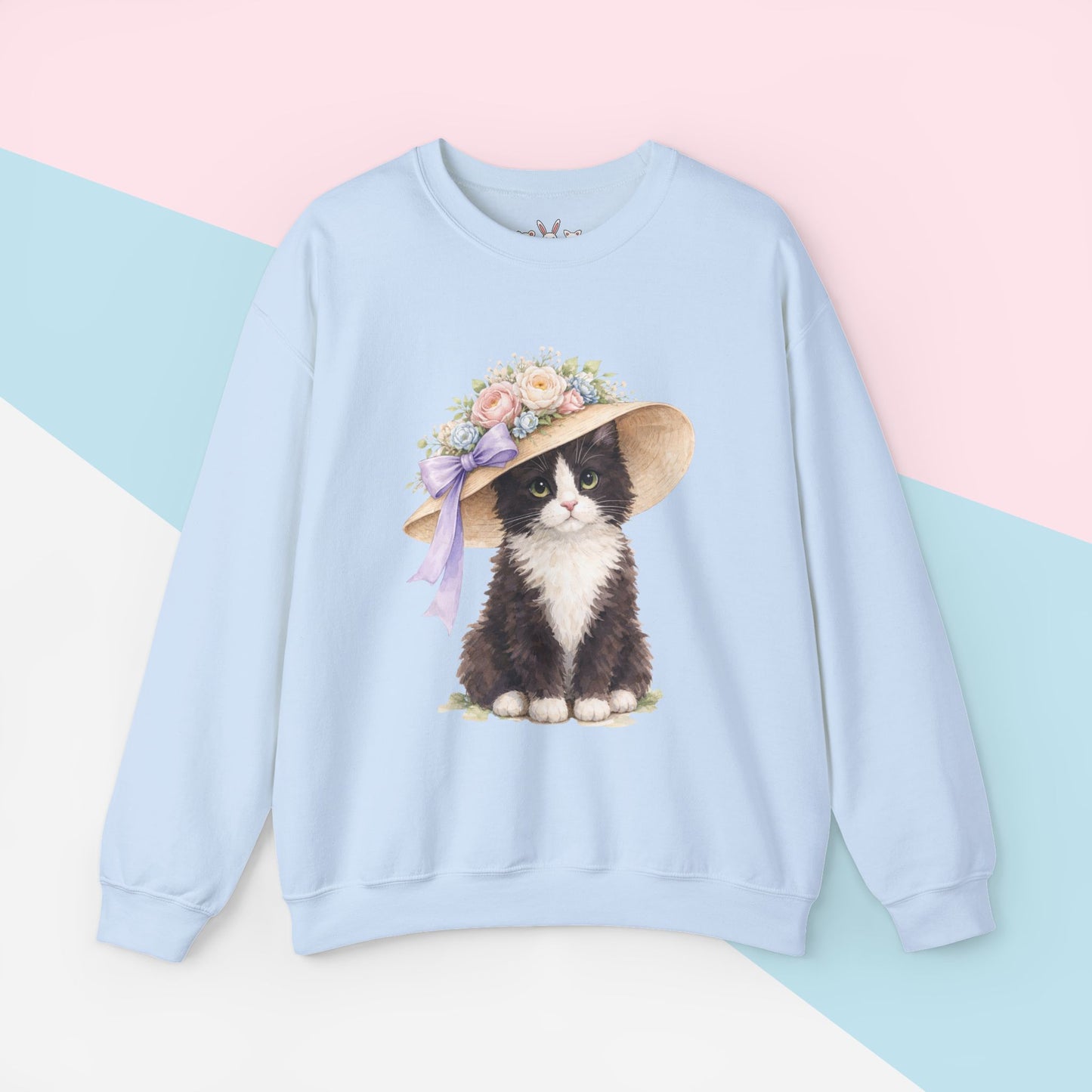 Floral Sun Hat Tuxedo Cat Sweatshirt | Cottagecore Southern Garden Tea Party Graphic Shirt