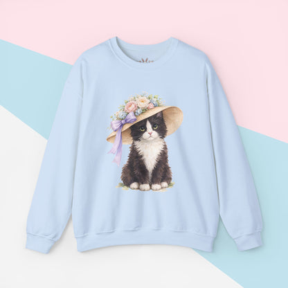 Floral Sun Hat Tuxedo Cat Sweatshirt | Cottagecore Southern Garden Tea Party Graphic Shirt