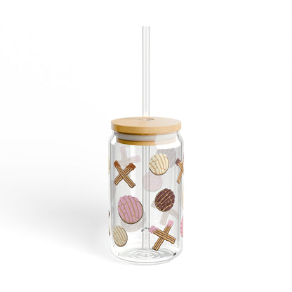 16 oz Glass Cup with Straw and Lid - Conchas and Churros