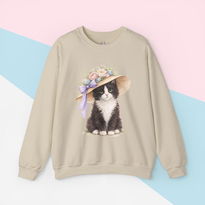 Floral Sun Hat Tuxedo Cat Sweatshirt | Cottagecore Southern Garden Tea Party Graphic Shirt
