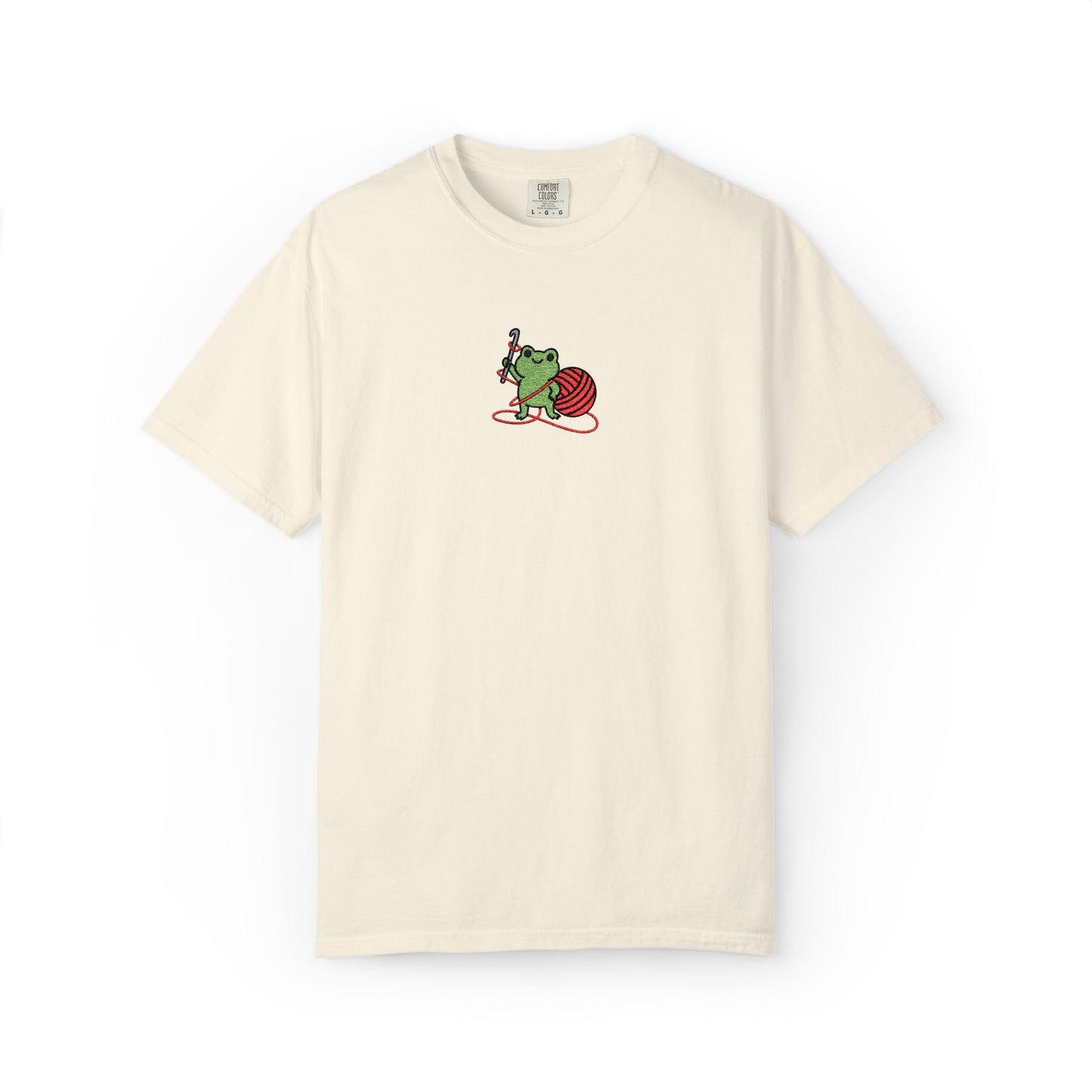 Embroidered Frog Graphic Shirt with Crochet Hook and Yarn