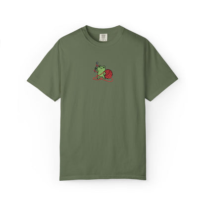 Embroidered Frog Graphic Shirt with Crochet Hook and Yarn