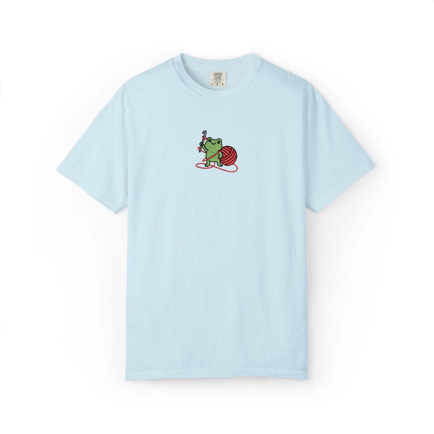 Embroidered Frog Graphic Shirt with Crochet Hook and Yarn