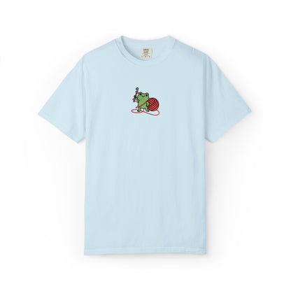 Embroidered Frog Graphic Shirt with Crochet Hook and Yarn