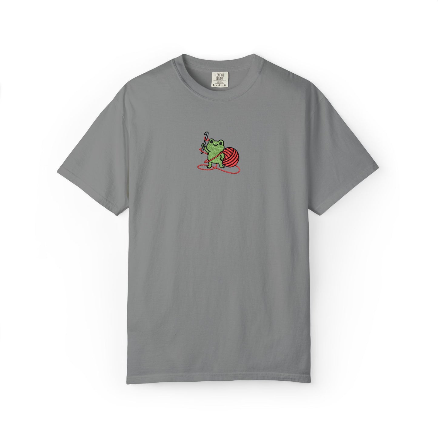 Embroidered Frog Graphic Shirt with Crochet Hook and Yarn