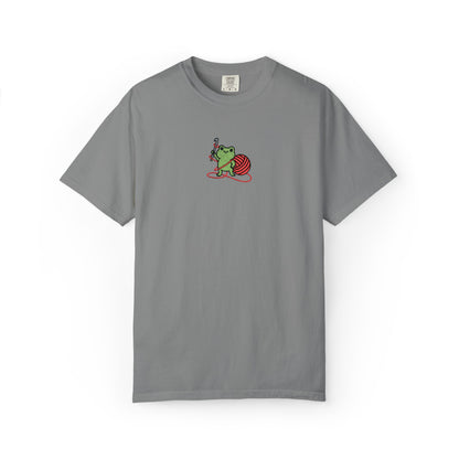 Embroidered Frog Graphic Shirt with Crochet Hook and Yarn