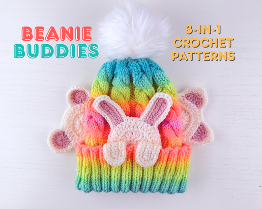 Beanie Buddies Animal Applique Crochet Pattern | Digital Download PDF | Bear, Kitty and Bunny