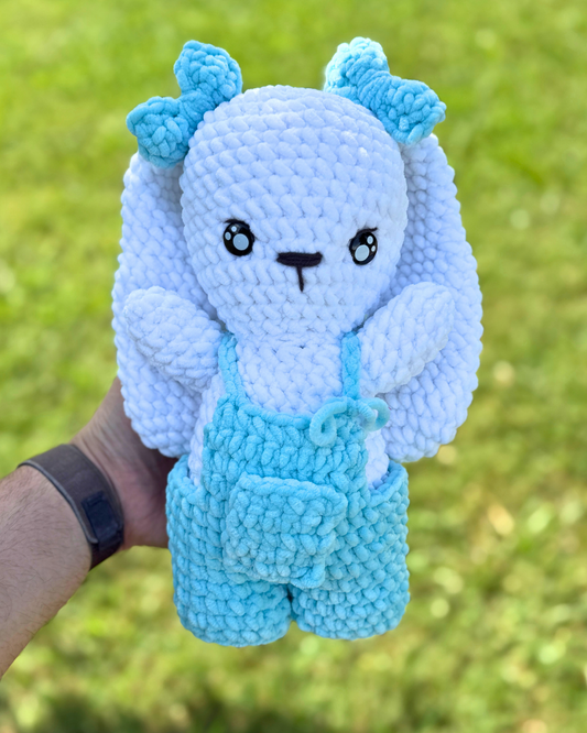 Bunny Plush with Bow and Overalls | Blue Crochet Amigurumi Plushie | Cute Handmade Gift