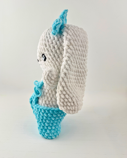 Bunny Plush with Bow and Overalls | Blue Crochet Amigurumi Plushie | Cute Handmade Gift
