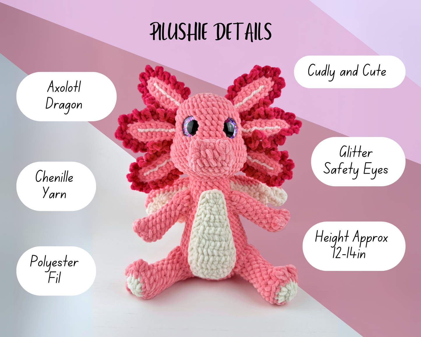 Rosalotl Axolotl Dragon Plush | Pink Crochet Amigurumi Plushie | Cute Handmade Gift