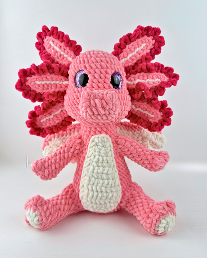 Rosalotl Axolotl Dragon Plush | Pink Crochet Amigurumi Plushie | Cute Handmade Gift