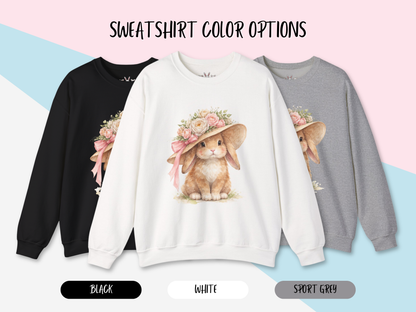 Floral Sun Hat Bunny Sweatshirt | Cottagecore Southern Garden Tea Party Graphic Shirt