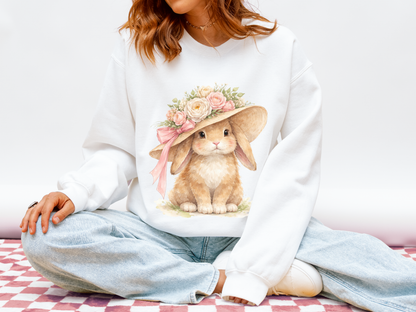 Floral Sun Hat Bunny Sweatshirt | Cottagecore Southern Garden Tea Party Graphic Shirt