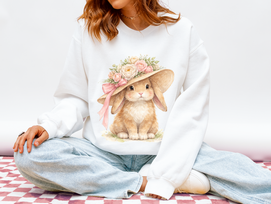 Floral Sun Hat Bunny Sweatshirt | Cottagecore Southern Garden Tea Party Graphic Shirt