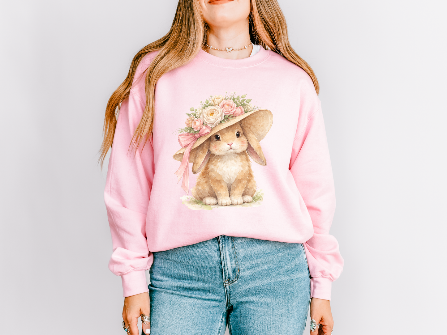 Floral Sun Hat Bunny Sweatshirt | Cottagecore Southern Garden Tea Party Graphic Shirt