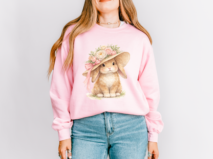 Floral Sun Hat Bunny Sweatshirt | Cottagecore Southern Garden Tea Party Graphic Shirt