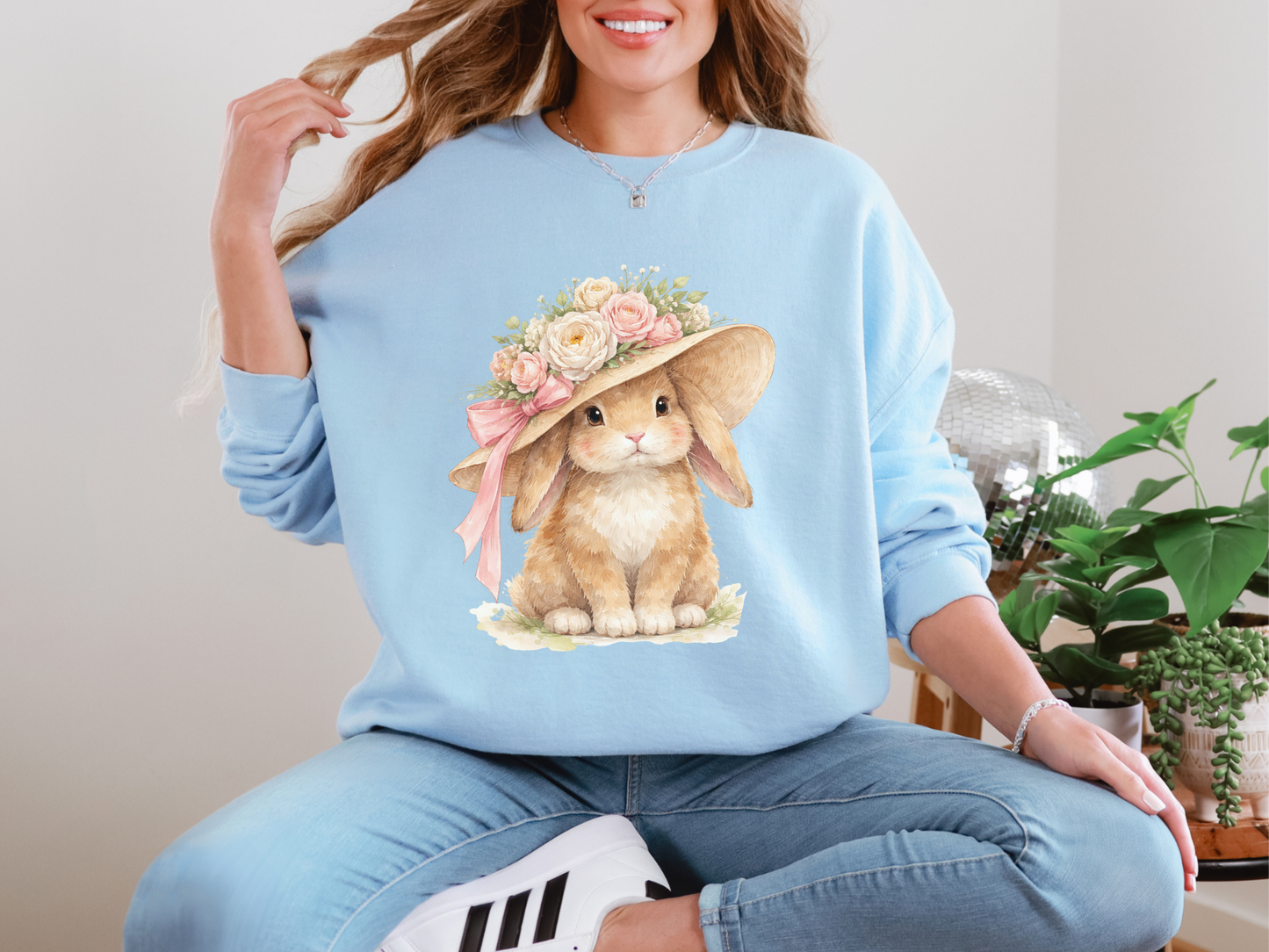 Floral Sun Hat Bunny Sweatshirt | Cottagecore Southern Garden Tea Party Graphic Shirt