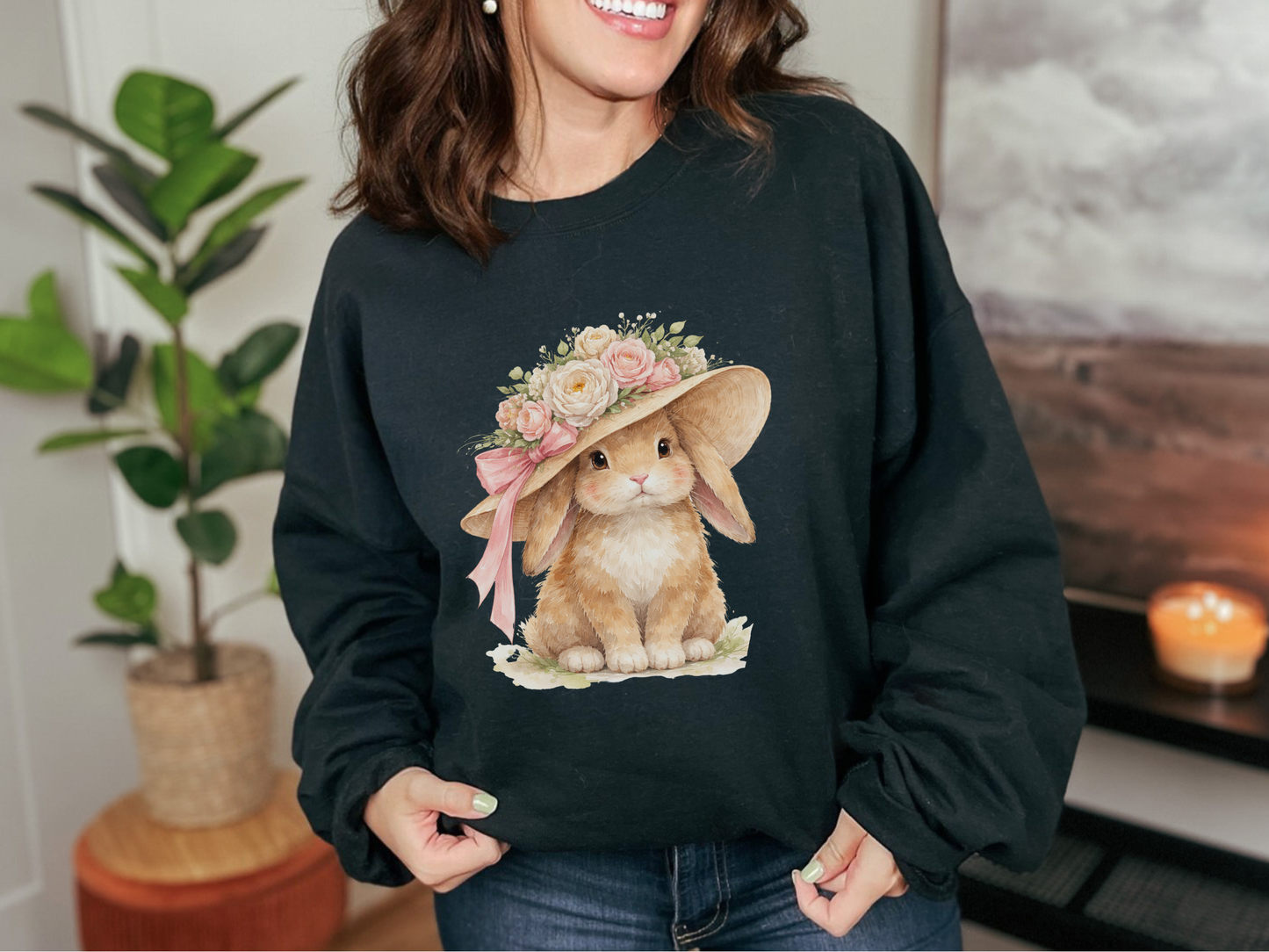 Floral Sun Hat Bunny Sweatshirt | Cottagecore Southern Garden Tea Party Graphic Shirt