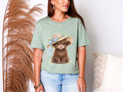 Floral Sun Hat Highland Cow Shirt | Cottagecore Southern Garden Tea Party Graphic Shirt