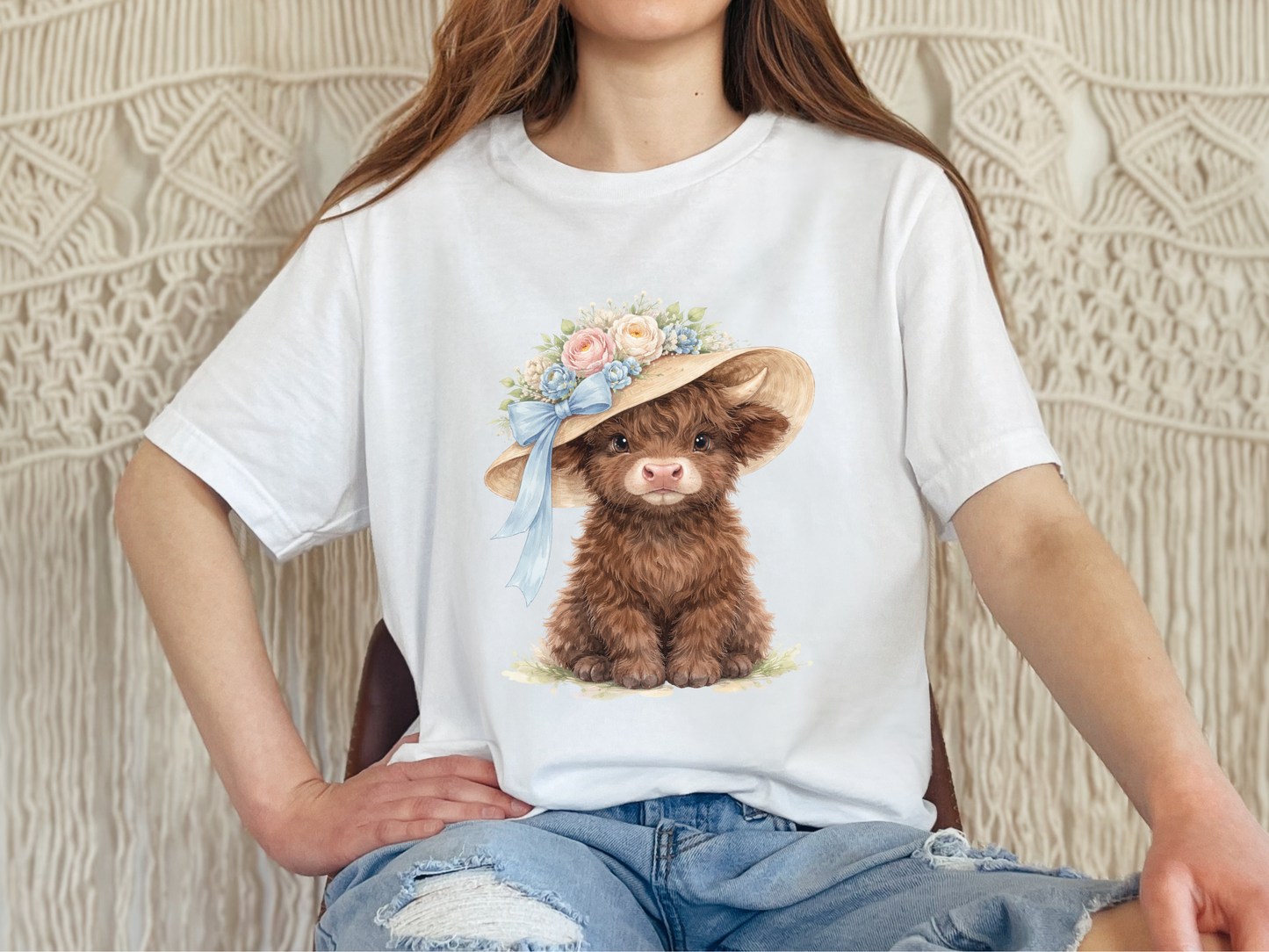 Floral Sun Hat Highland Cow Shirt | Cottagecore Southern Garden Tea Party Graphic Shirt