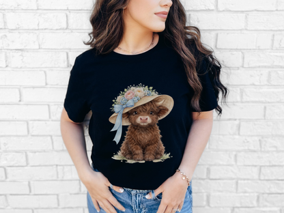 Floral Sun Hat Highland Cow Shirt | Cottagecore Southern Garden Tea Party Graphic Shirt