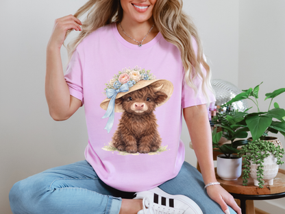 Floral Sun Hat Highland Cow Shirt | Cottagecore Southern Garden Tea Party Graphic Shirt