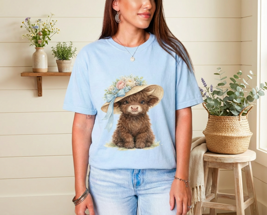 Floral Sun Hat Highland Cow Shirt | Cottagecore Southern Garden Tea Party Graphic Shirt