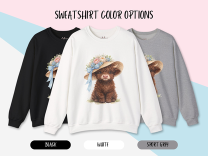 Floral Sun Hat Highland Cow Sweatshirt | Cottagecore Southern Garden Tea Party Graphic Shirt