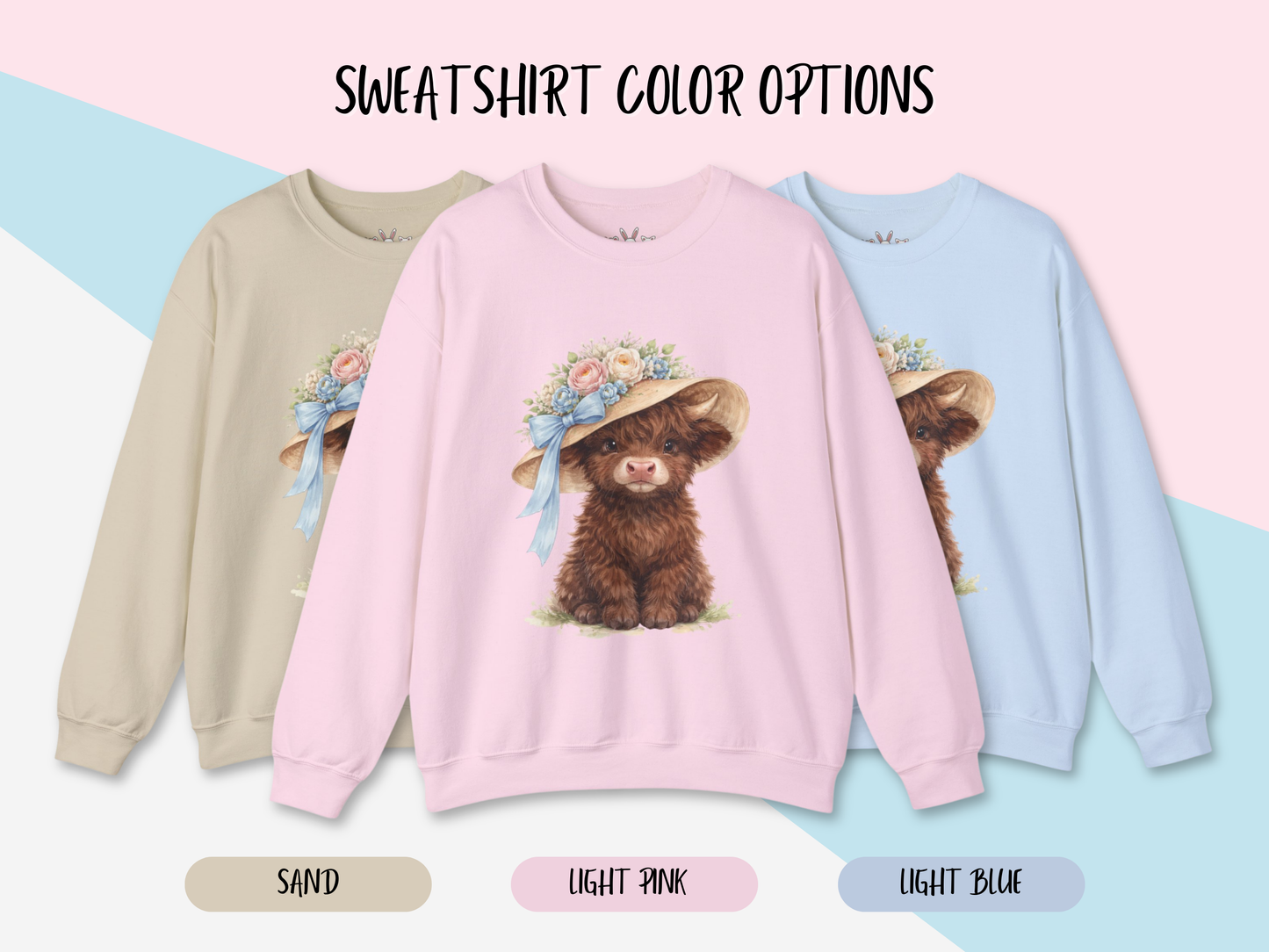 Floral Sun Hat Highland Cow Sweatshirt | Cottagecore Southern Garden Tea Party Graphic Shirt