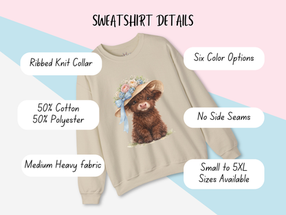 Floral Sun Hat Highland Cow Sweatshirt | Cottagecore Southern Garden Tea Party Graphic Shirt