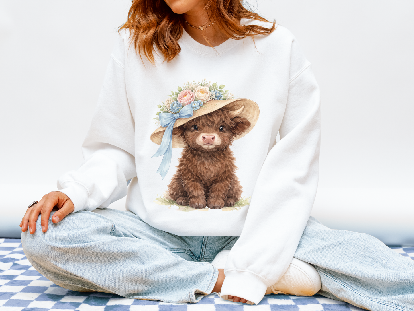 Floral Sun Hat Highland Cow Sweatshirt | Cottagecore Southern Garden Tea Party Graphic Shirt