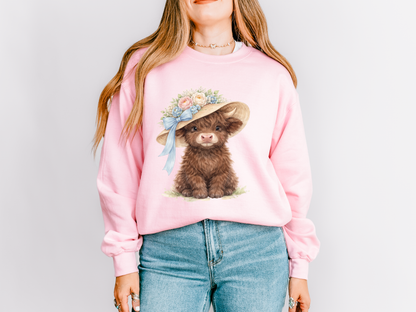 Floral Sun Hat Highland Cow Sweatshirt | Cottagecore Southern Garden Tea Party Graphic Shirt
