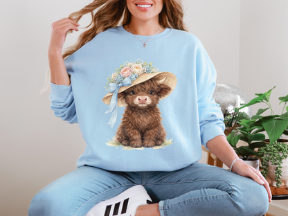Floral Sun Hat Highland Cow Sweatshirt | Cottagecore Southern Garden Tea Party Graphic Shirt