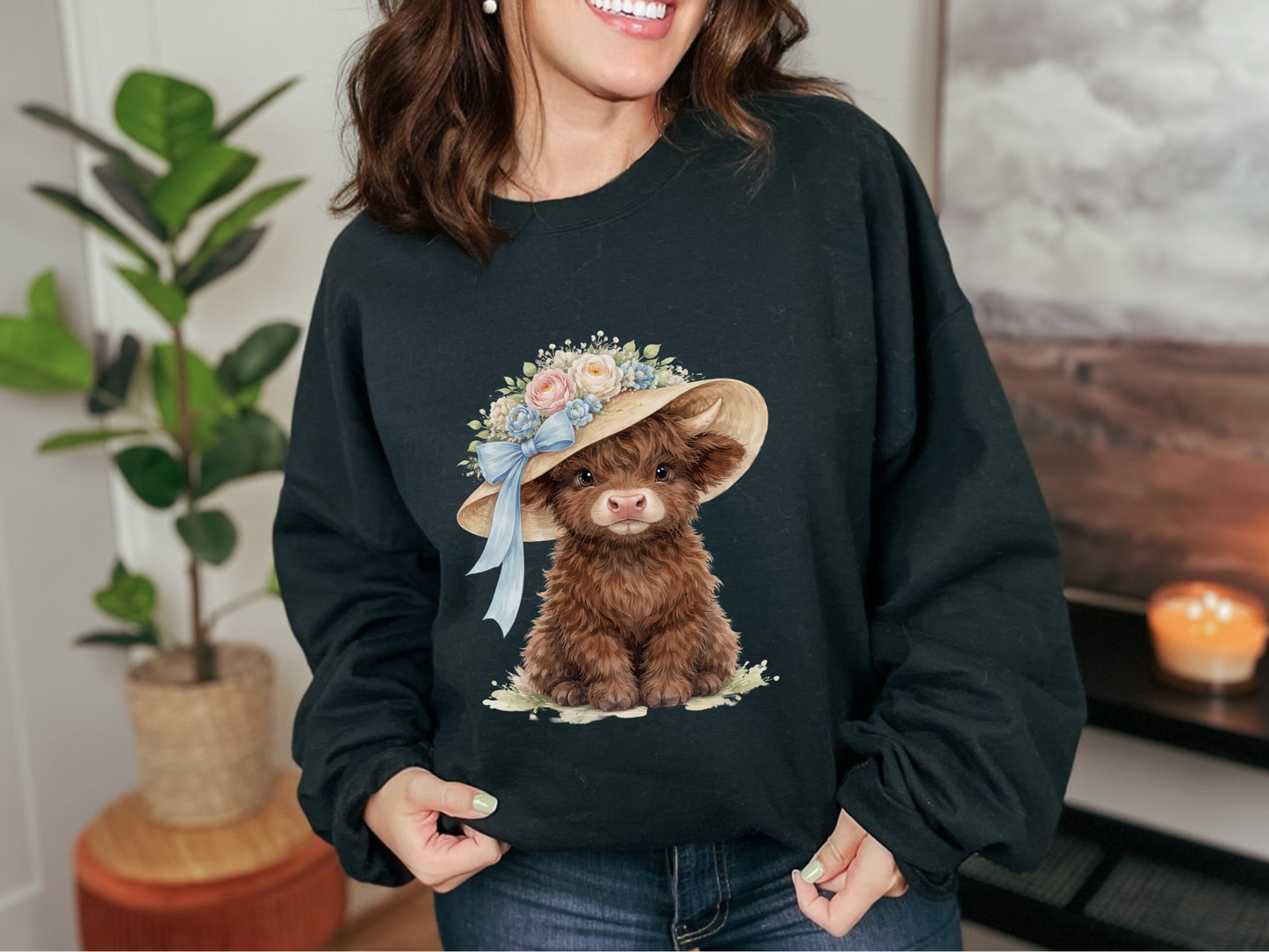 Floral Sun Hat Highland Cow Sweatshirt | Cottagecore Southern Garden Tea Party Graphic Shirt