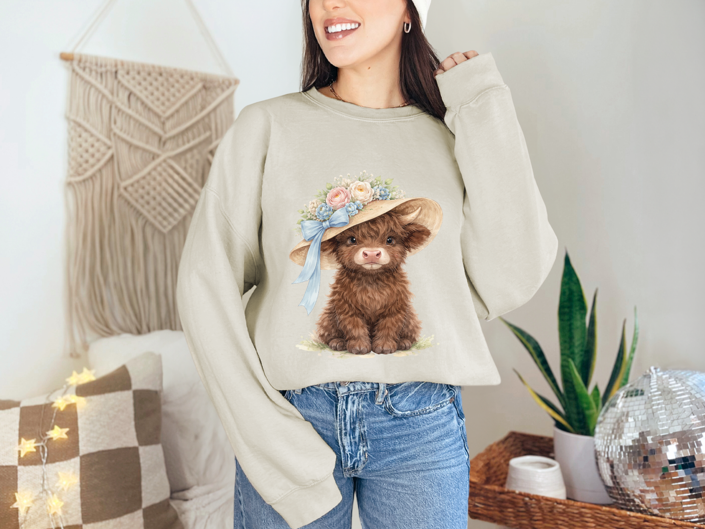 Floral Sun Hat Highland Cow Sweatshirt | Cottagecore Southern Garden Tea Party Graphic Shirt