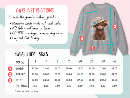 Floral Sun Hat Highland Cow Sweatshirt | Cottagecore Southern Garden Tea Party Graphic Shirt