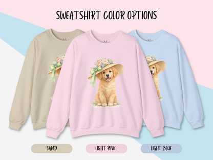 Floral Sun Hat Golden Retriever Dog Sweatshirt | Cottagecore Southern Garden Tea Party Graphic Shirt