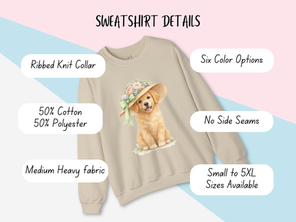 Floral Sun Hat Golden Retriever Dog Sweatshirt | Cottagecore Southern Garden Tea Party Graphic Shirt